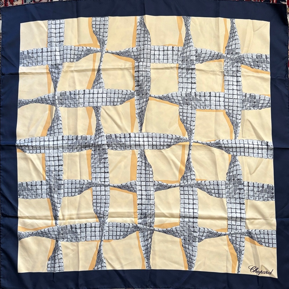 Chopard Navy&Pale Yellow Brick Pattern Vintage Silk Scarf Handmade Scarf EzuC